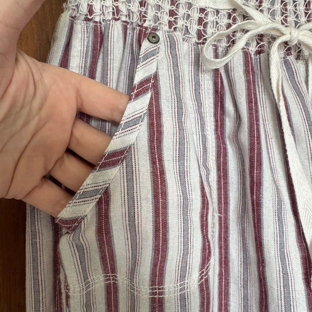 Linen Wide Leg Striped Pants Large Smocked Waist Coastal Nautical Beachy Summer - Picture 3 of 9